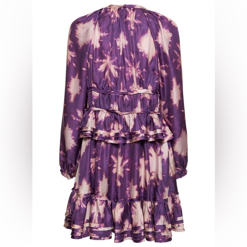 Ulla Johnson Emery Silk Ruffle Long Sleeve Mini Dress Purple Shibori Size 0 NWOT - Picture 6 of 15